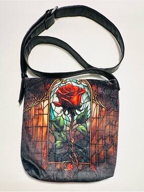 Y2K Whimsical Goth Crossbody with Red Rose Stained-Glass Print - Black Strap